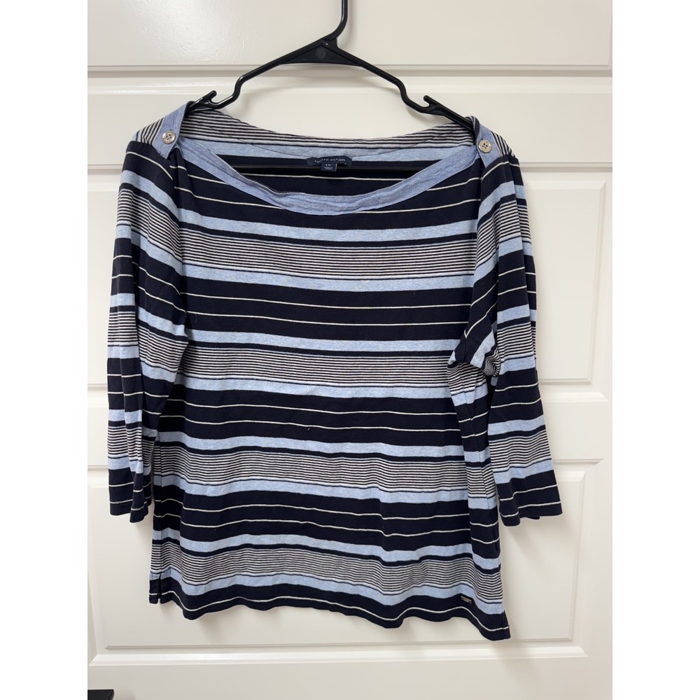 Tommy Hilfiger Womens Top L Blue Striped Button Shoulder Boat Neck Preppy A2